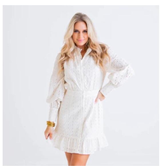 Karlie Ivory Embroidered Eyelet Balloon Sleeve Shirt Mini Dress Small - Picture 3 of 15